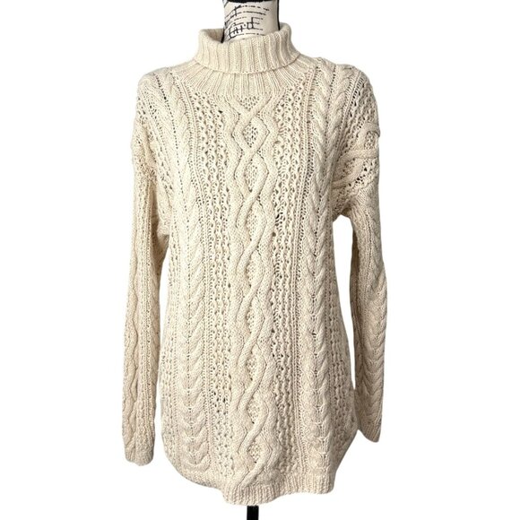 Vintage Yorkshire Knitting Cream Fisherman Cable Knit Sweater Turtleneck Size XL - Picture 1 of 7